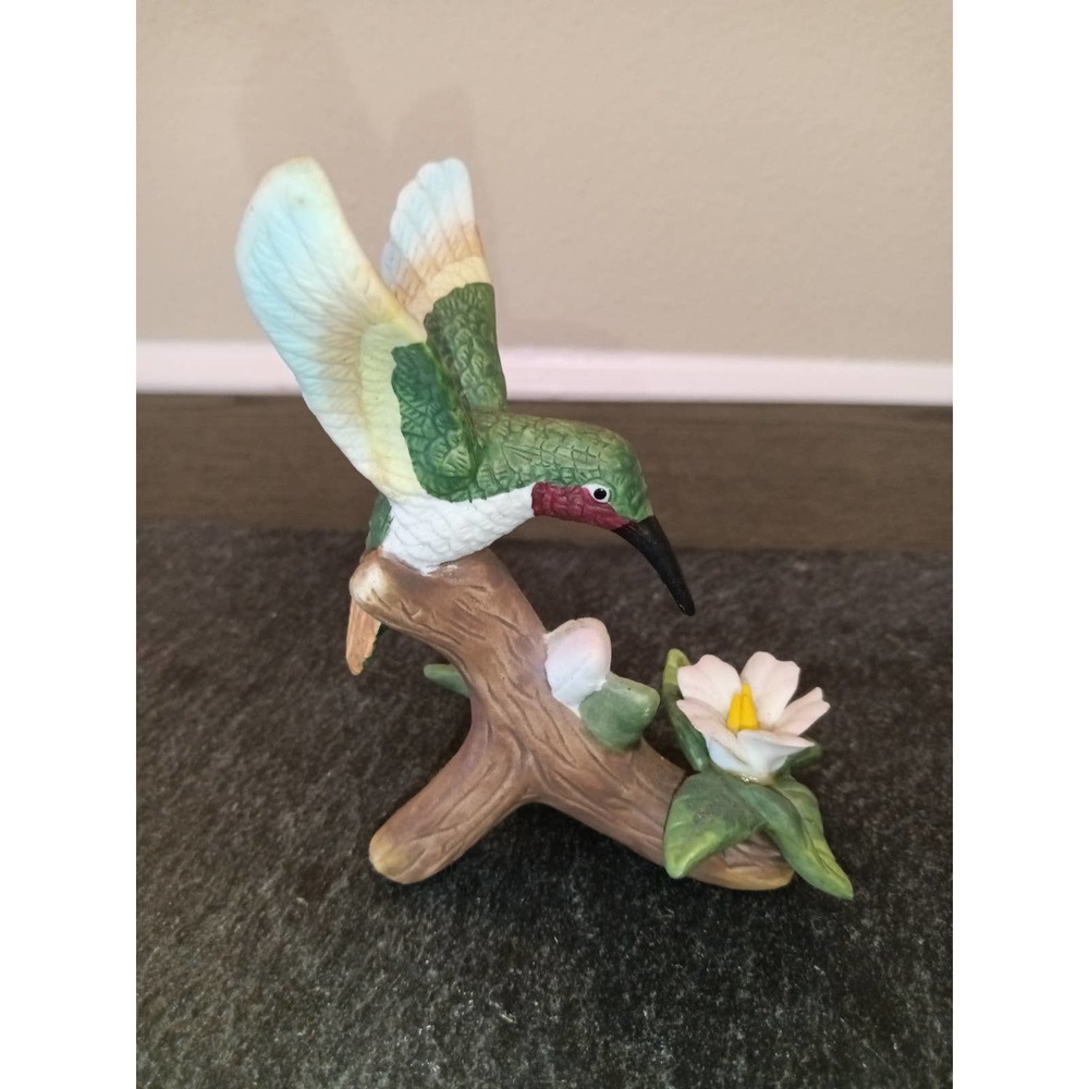Vintage Ruby-throated Hummingbird w/ Flower On Tree Branch - Bisque